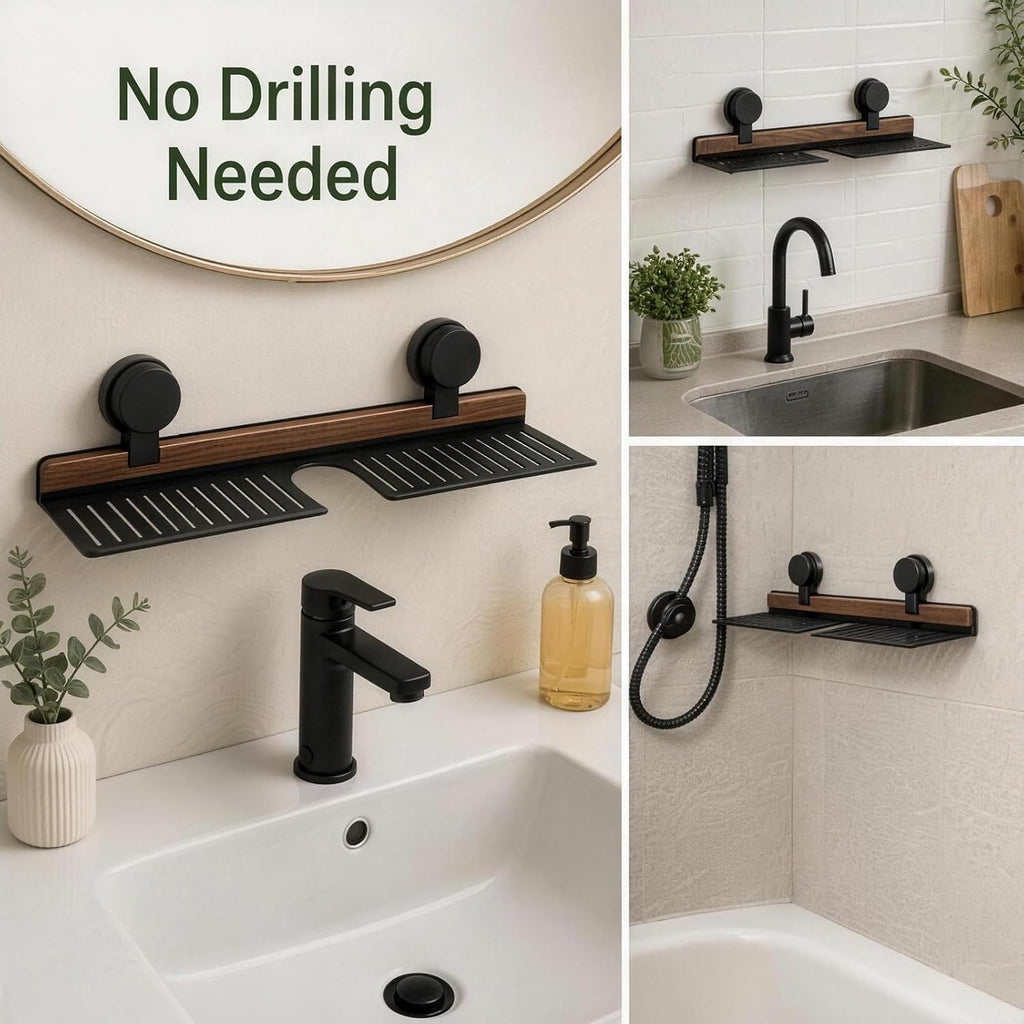 Suction Mount Over Sink Bathroom Shelf Wood Metal Storage Tray