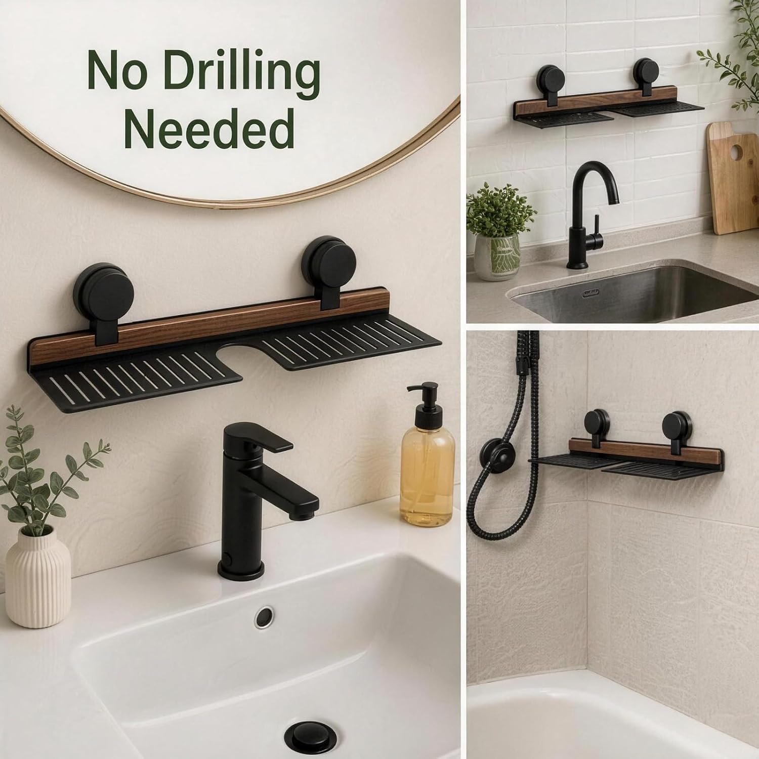 Suction Mount Over Sink Bathroom Shelf Wood Metal Storage Tray