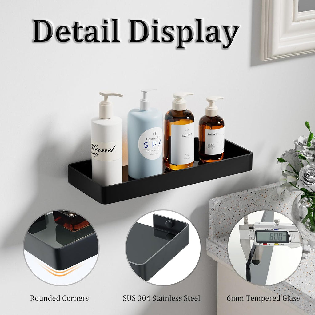 Alise Bathroom Shelves,11.8" Black Glass Shelves for Bathroom Wall Mounted