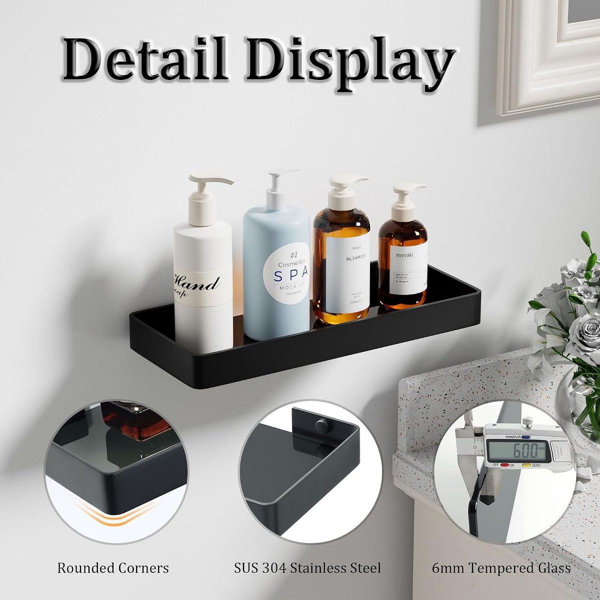 Alise Bathroom Shelves,11.8" Black Glass Shelves for Bathroom Wall Mounted