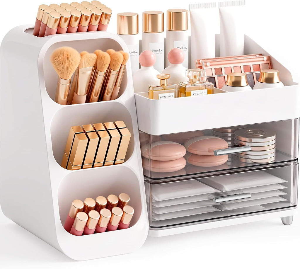 Booklov Large Makeup Organizer for Vanity Countertop, White