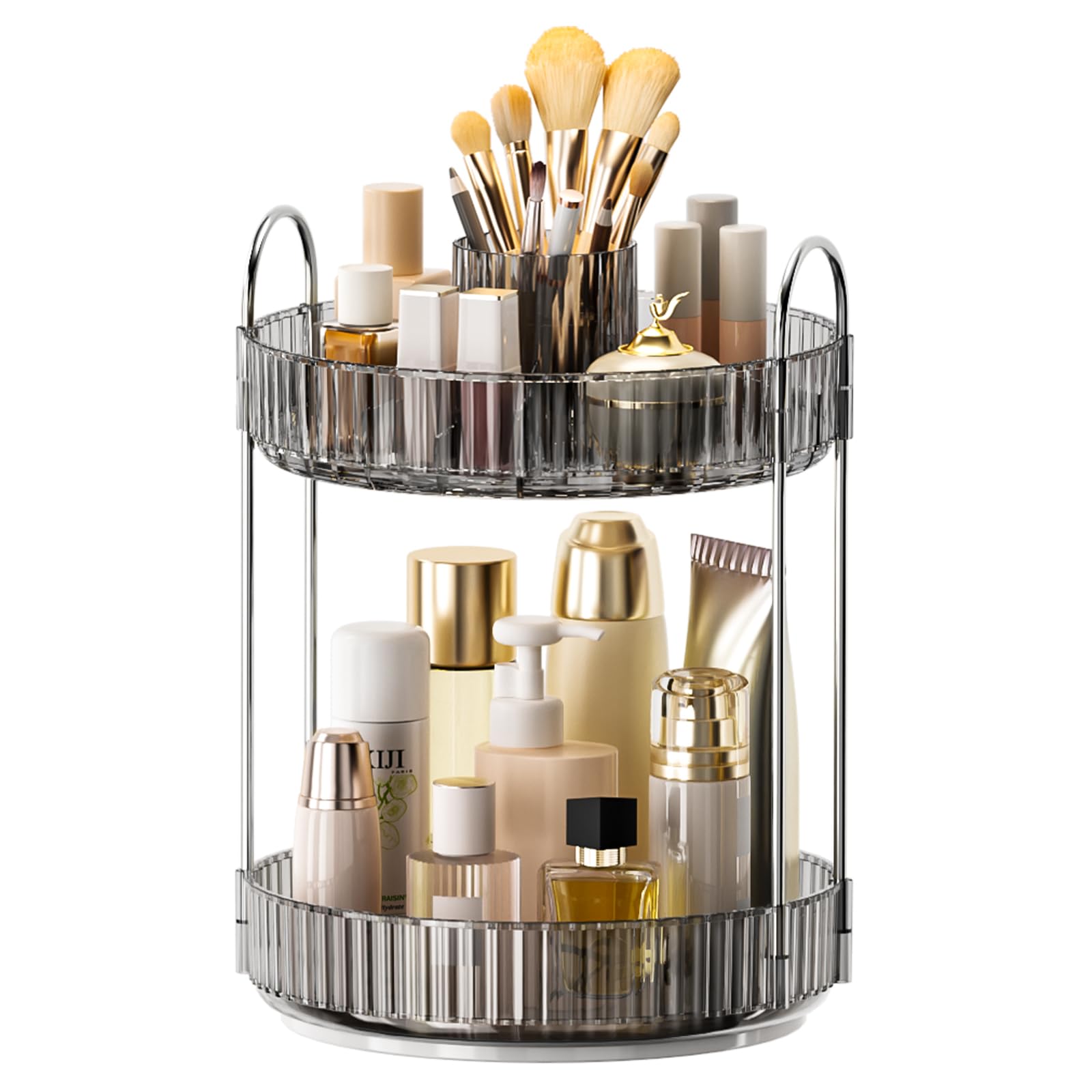 360° Rotating Makeup Organizer, Upgraded 3 Tier Skincare Perfume Organizers for Women, Bathroom Organizer Countertop, Clear Cosmetic Dresser Organizer with Makeup Brush Holder, Sink&Counter(Amber)