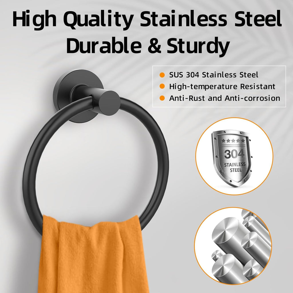 Matte Black Towel Ring 2Pack, SUS304 Stainless Steel Hand Towel Holder for Bathroom Kitchen, Modern Style Towel Hanger, Thicken Ring Towel Holder, Towel Rack Round Wall Mounted (2, Black)