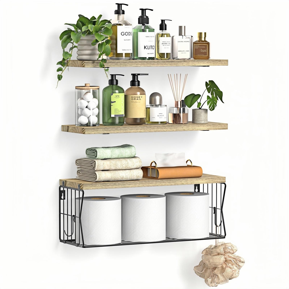 Floating Bathroom Shelves Wall Mounted - Wooden Shelf Set of 3 for Over Toilet Storage & Modern Bathroom Decor - Perfect Wall Shelving Organizer for Apartments RVs Powder Rooms Restroom - Black
