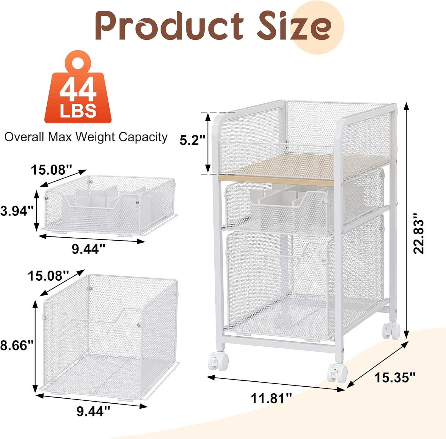 Hongtamoya Rolling Makeup Cart Organizer with 2 Drawers, Under Desk Storage