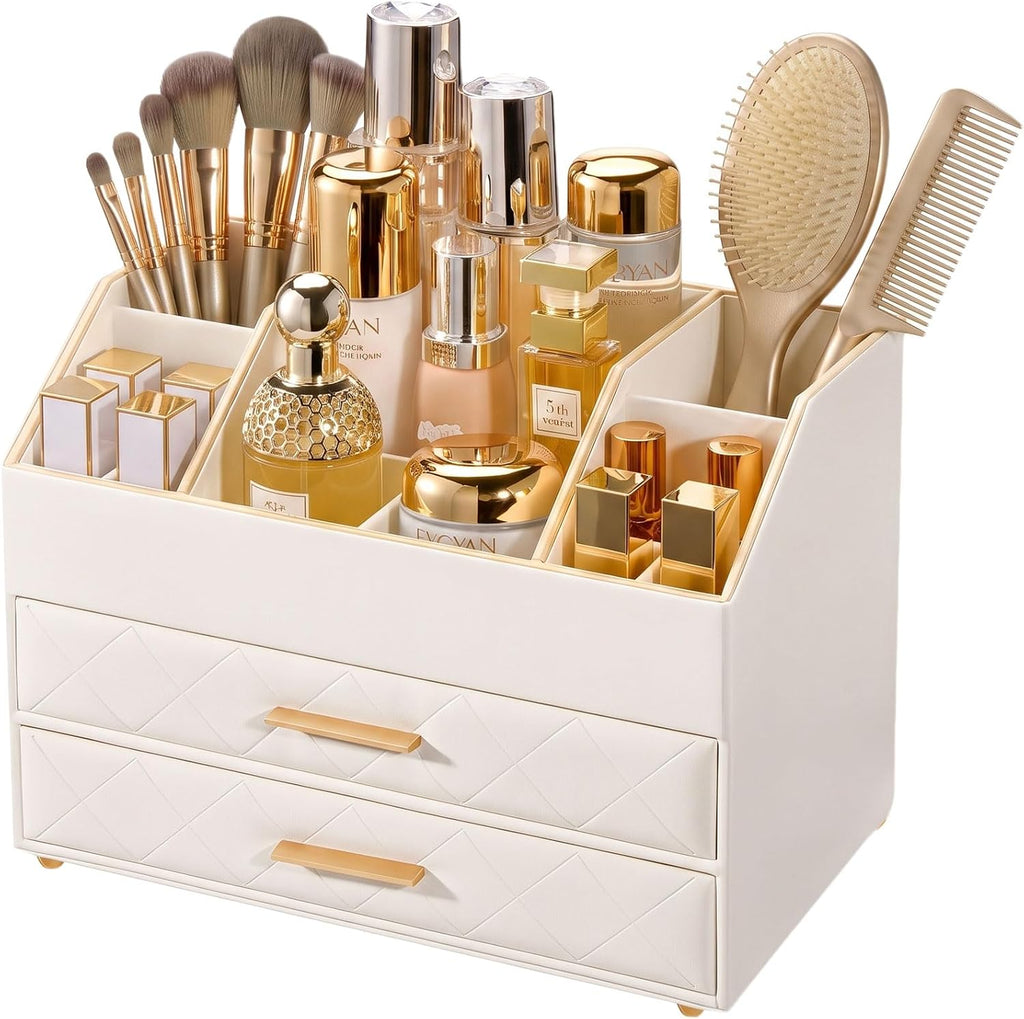 Lolalet 3-Layer PU Leather Makeup Organizer for Cosmetic Vanity -Beige