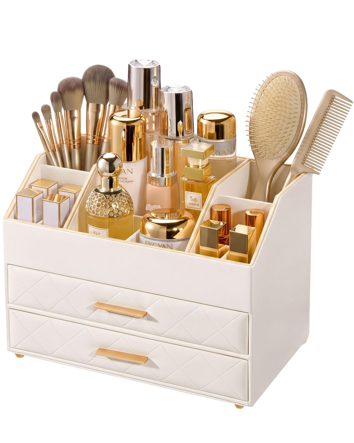 Lolalet 3-Layer PU Leather Makeup Organizer for Cosmetic Vanity -Beige