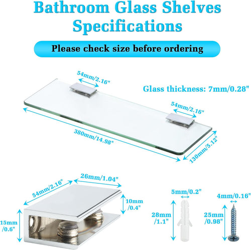 Alise Glass Shelves for Bathroom,15 Inch Wall Mounted Floating Shelf,Chrome