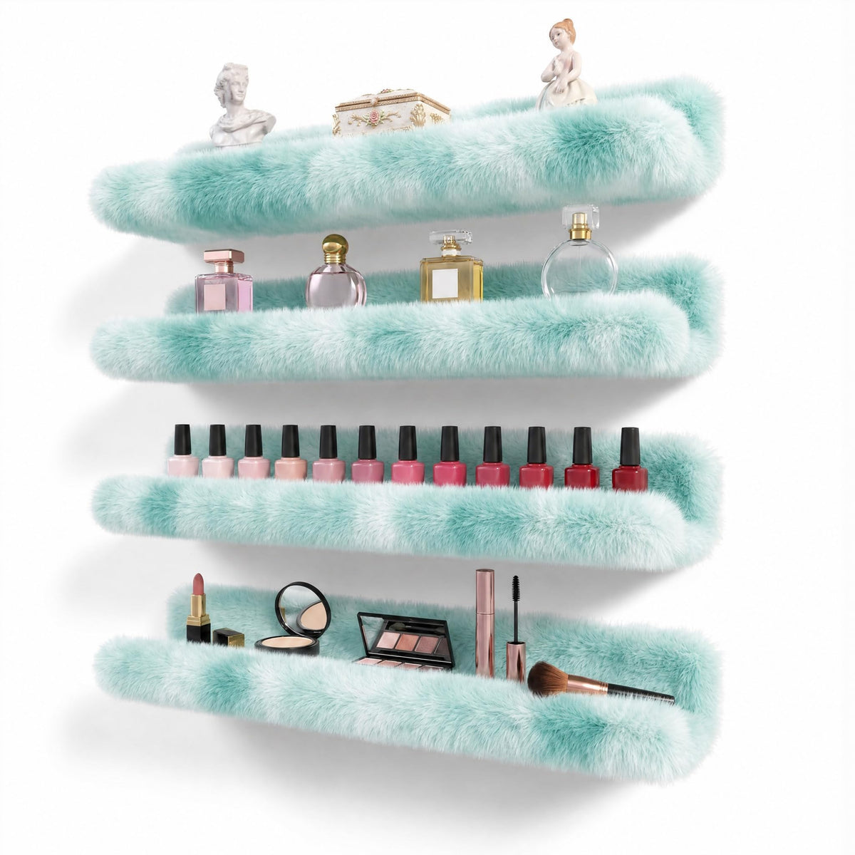 Care&More YJ 15 Inch Nail Polish Shelves, 4-Pack Fuzzy Display Nail Polish Rack for Storing Nail Bottles, Sunglasses, Essential Oils, Plush Soft Pink