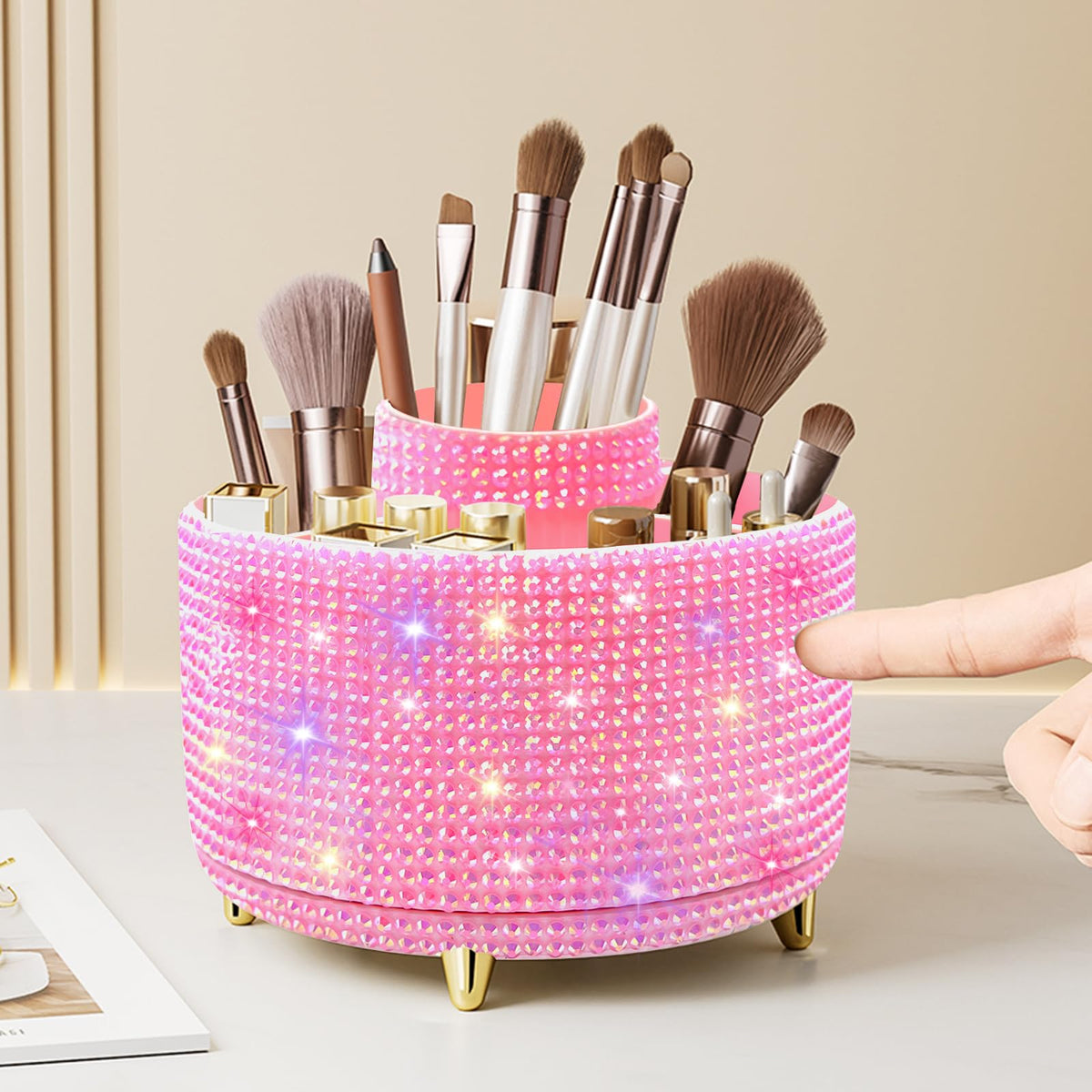 Diesisa Makeup Brush Holder Organizer,360° Rotating Makeup Brush Organizer,5 Slot Make up Brushes Cup for Cosmetics, Nail Polish, Art Supply, Bathroom Vanity Desktop Organizer - White