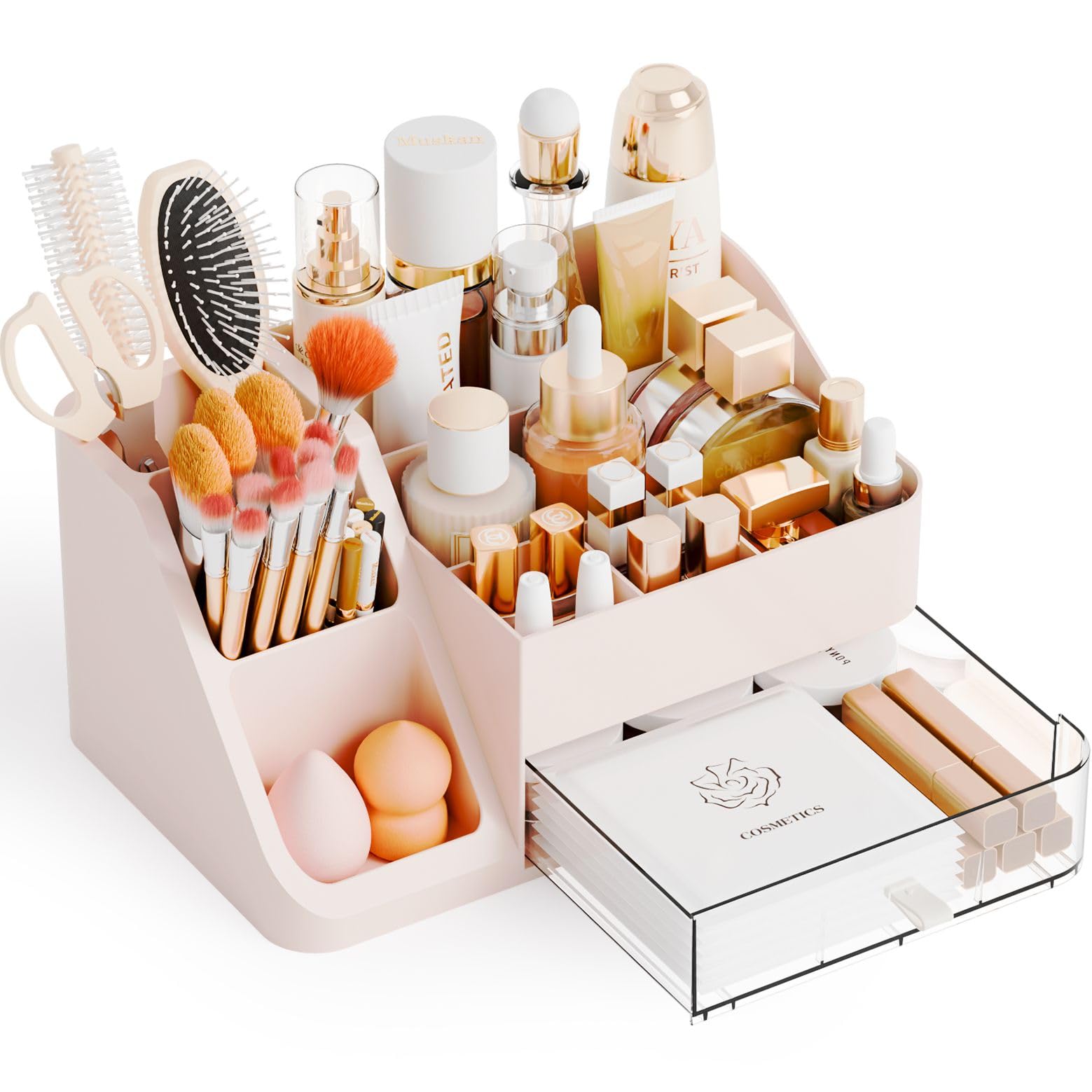 Yieach White Makeup Organizer Countertop With 4 Drawers,Large Cosmetics Storage Organizer for Brush,Hair Products,Plastic Makeup Holders and Beauty Skincare Organizers for Bathroom,Vanity,Dresser Top