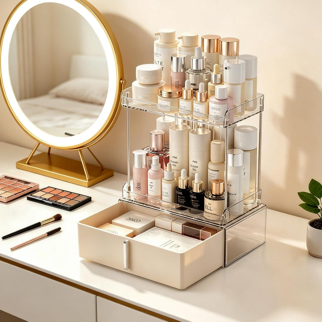Pajiriona Makeup Organizer,Skincare Organizer for Vanity,2-Tier Large Capacity Cosmetic Storage Box for bathroom organizers and storage,Clear Cosmetic Display Case for Bedroom Countertop.