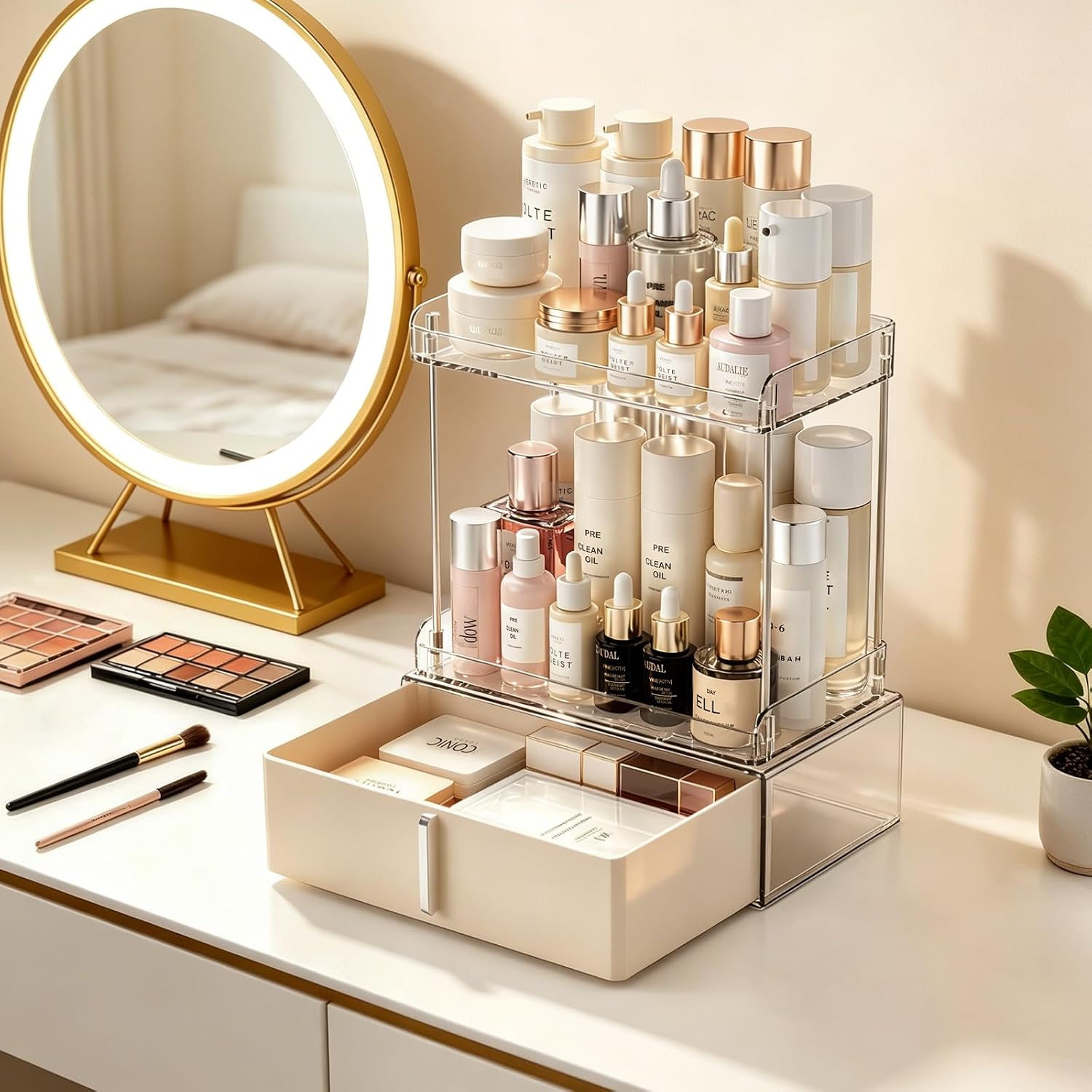 Pajiriona Makeup Organizer,Skincare Organizer for Vanity,2-Tier Large Capacity Cosmetic Storage Box for bathroom organizers and storage,Clear Cosmetic Display Case for Bedroom Countertop.