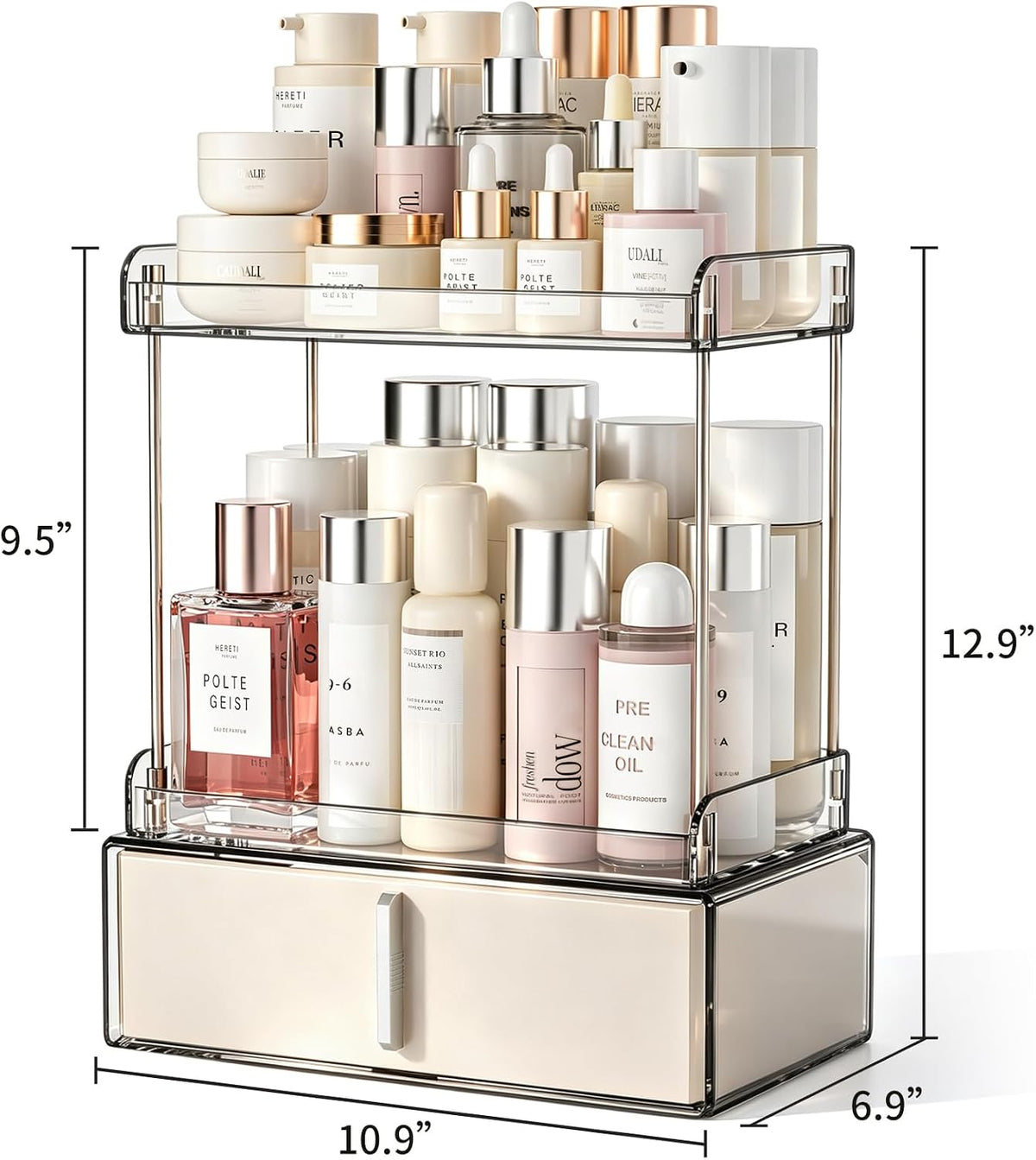 Pajiriona Makeup Organizer,Skincare Organizer for Vanity,2-Tier Large Capacity Cosmetic Storage Box for bathroom organizers and storage,Clear Cosmetic Display Case for Bedroom Countertop.
