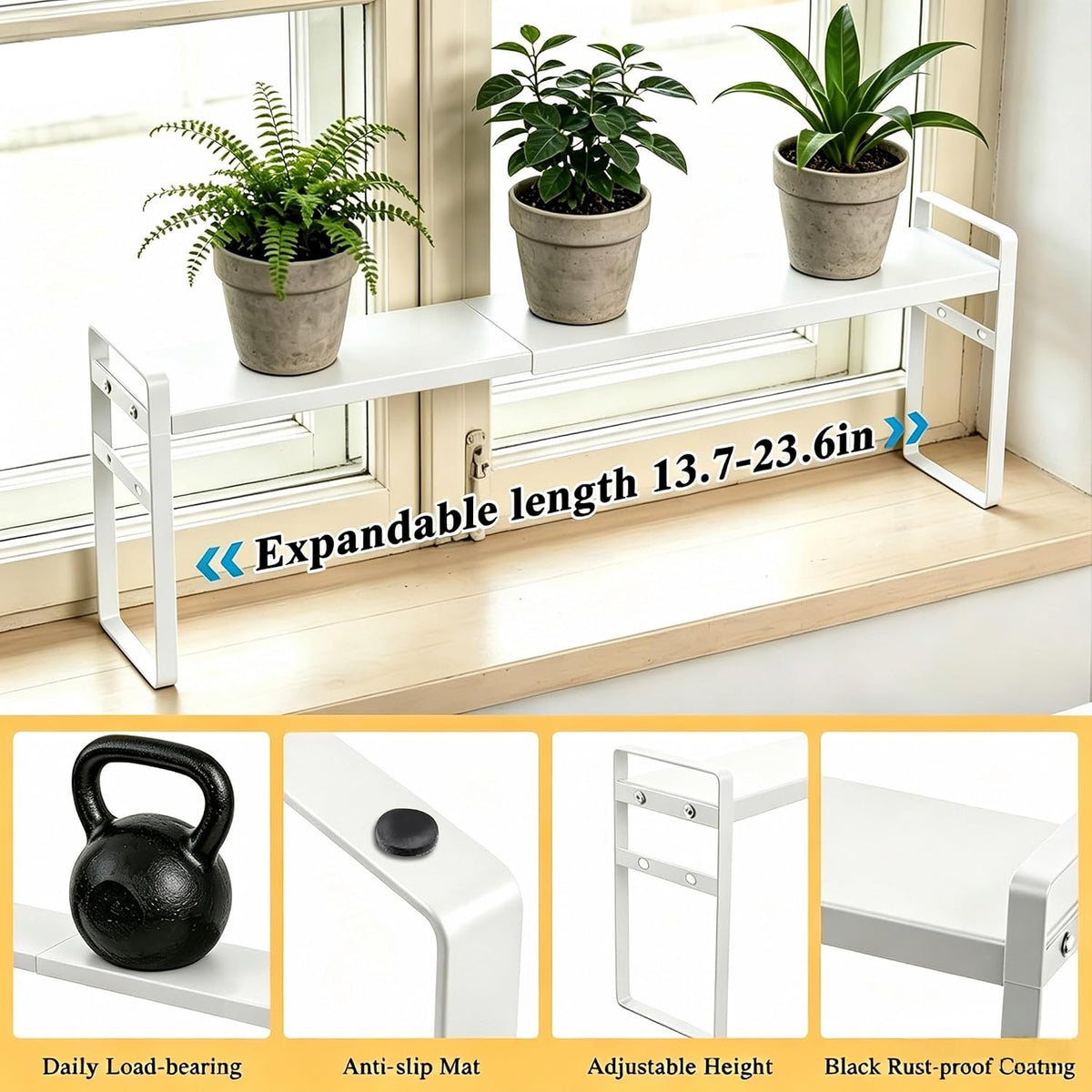 2pcs Expandable Window Sill Plant Shelf, Narrow Expandable Window Shelf for Plants Kitchen Sink Organizer Stackable Shelves for Kitchen Counter, Windowsill Plants, Bathroom Vanity (White)