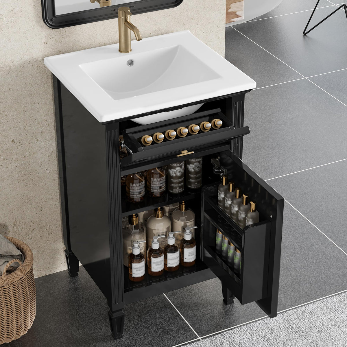 Virubi 20 in Small Bathroom Vanity with Sink, Soft Closing Door,Tilt-Out Drawer and Adjustable Shelf,Solid Wood Frame Modern Single Bathroom Sink Cabinet with Storage, Freestanding, Natural Wood