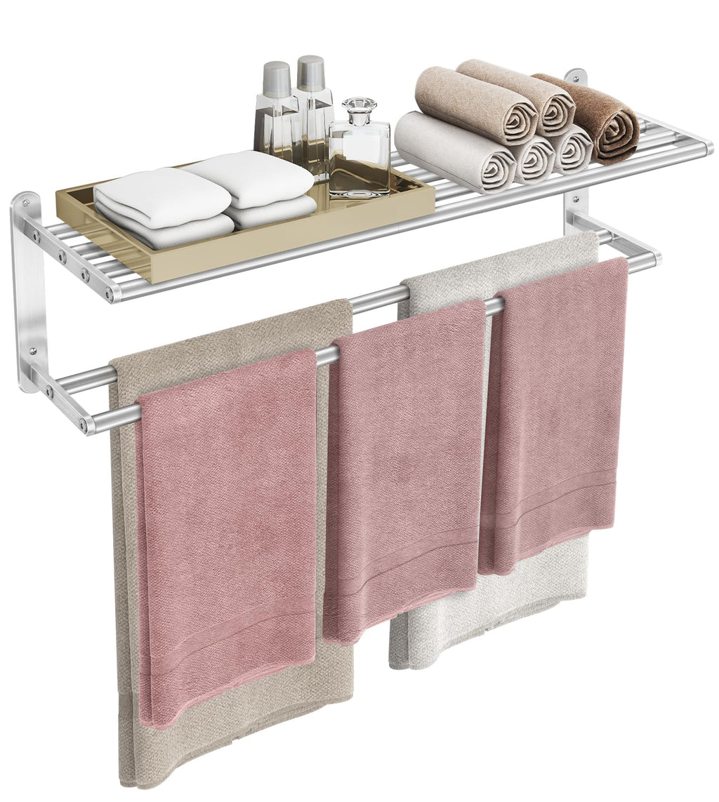 VOTZAAQ Towel Racks for Bathroom - 24 in Bath Towel Shelf with Double Towel Bar, Stainless Steel Towel Storage for Lavatory Wall Mounted, 2-Tier Towel Hanger Towel Holder, Brushed Nickel