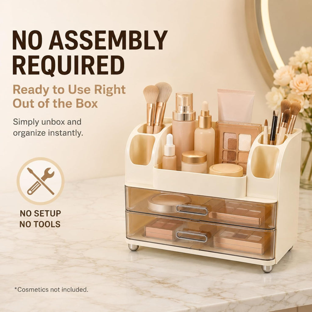 ROOM127 Makeup Organizer for Vanity with 2 Clear Drawers and Brush Holders