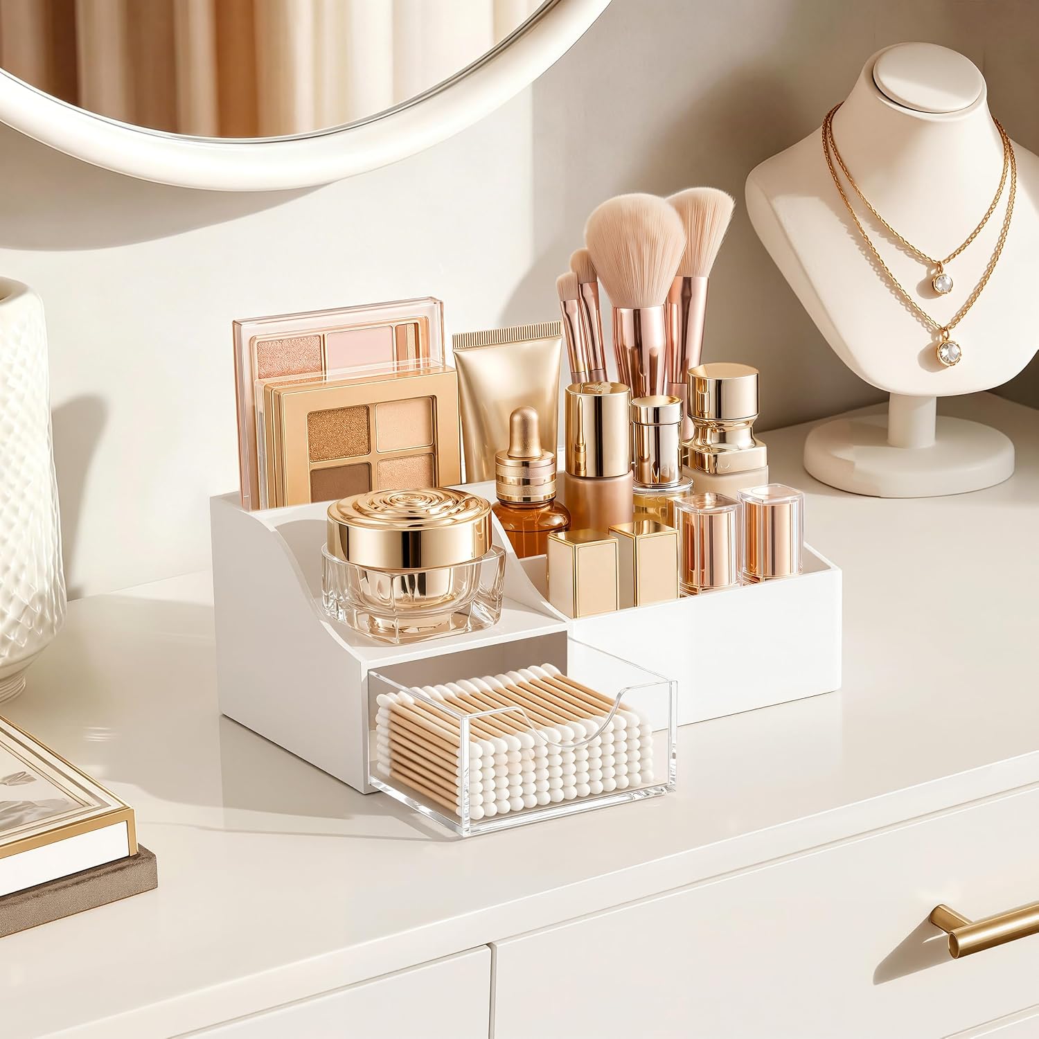 HBlife Makeup Organizer with Drawer – Cosmetic Storage for Vanity, Bathroom Countertop & Dresser, Skincare Organizer with Brush Holder, Beauty Display Case (White)
