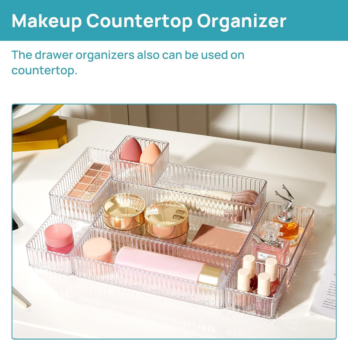 Vtopmart 7 PCS Clear Makeup Drawer Organizers Bins, 4-Size Stackable Makeup and Vanity Organizer Trays, Acrylic Bathroom Storage Containers for Cosmetic, Toiletries, Office Supply, Utensils, Gadgets