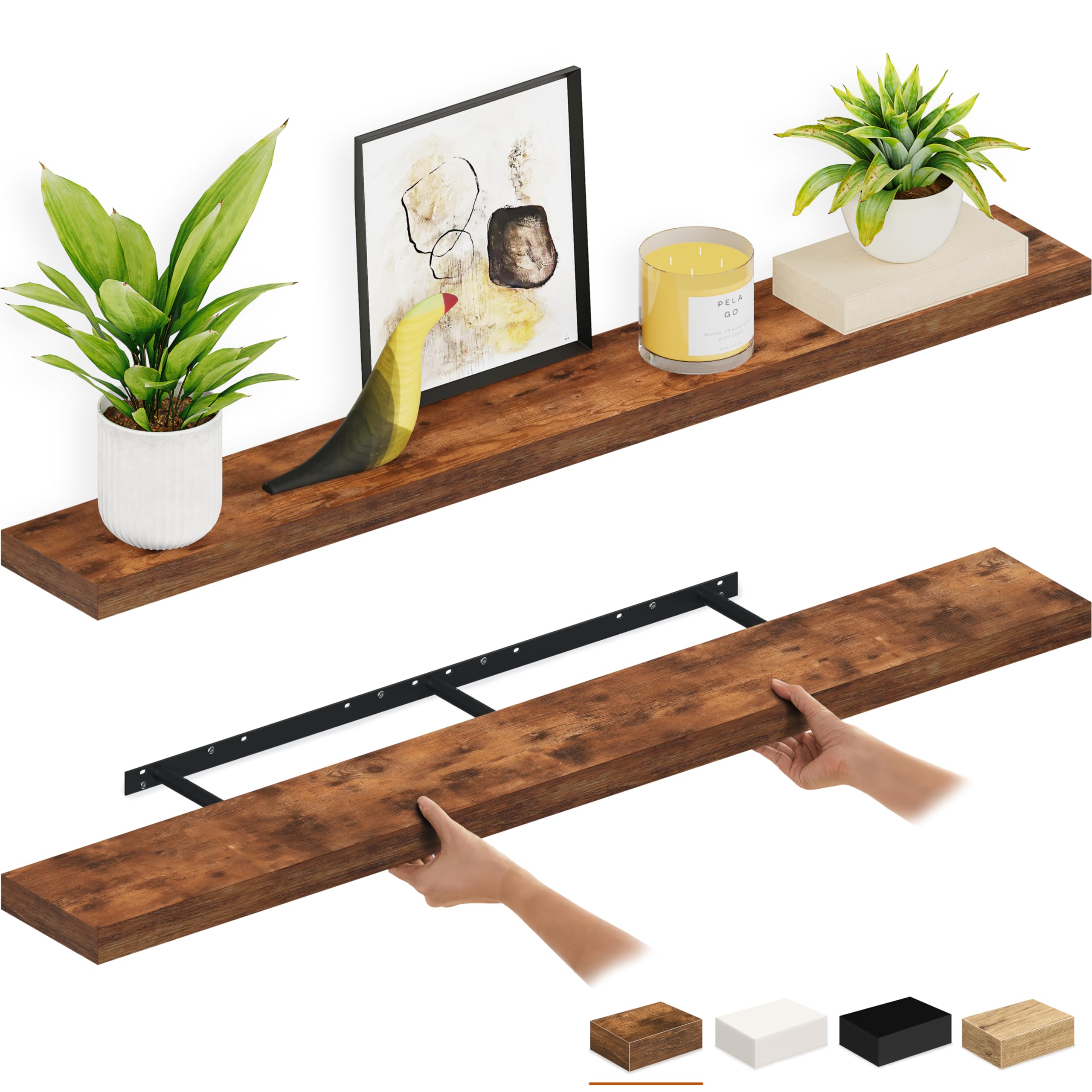 Ballucci Floating Shelves, 55" Wood Wall Shelf Set of 2, with Invisible Brackets for Bathroom, Living Room, Bedroom, Kitchen, Nursery, 6" Deep, White