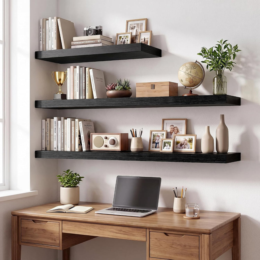 36in Floating Shelves for wall Set of 2, Black Wall Mounted Shelf 9.3in Deep for Wall Decor, Hanging Shelf 1.5in Thick for Living Room, Bedroom, Bathroom, Kitchen, Office