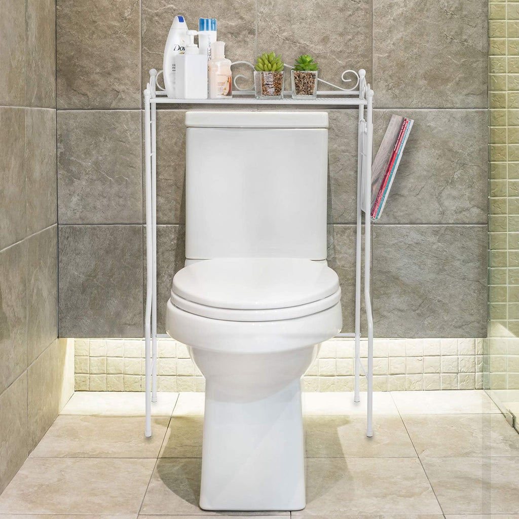 MyGift Over Toilet Storage Shelf with Magazine Basket, White Metal