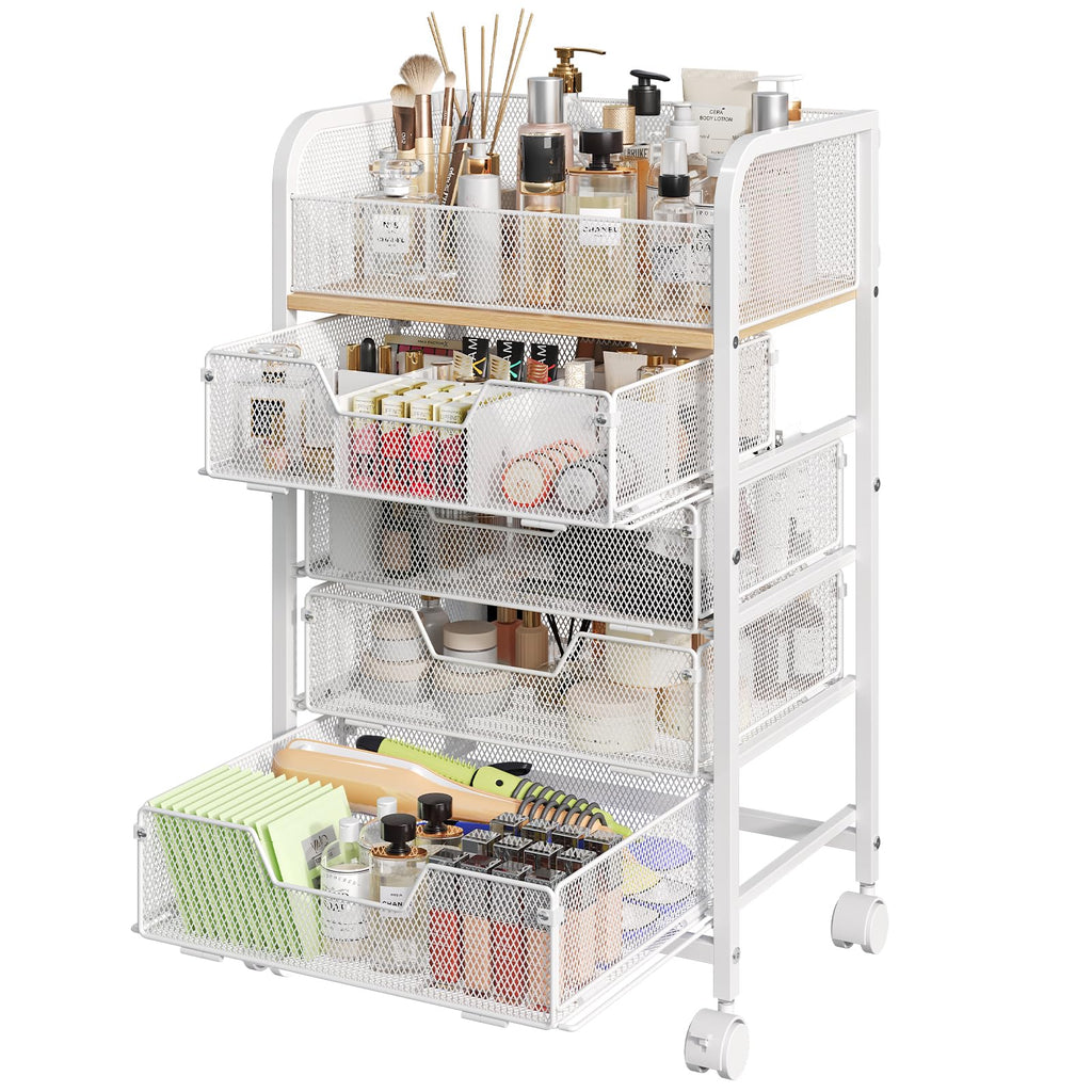 Hongtamoya Makeup Cart Organizer with 4 Drawers, Rolling Makeup Cart, White