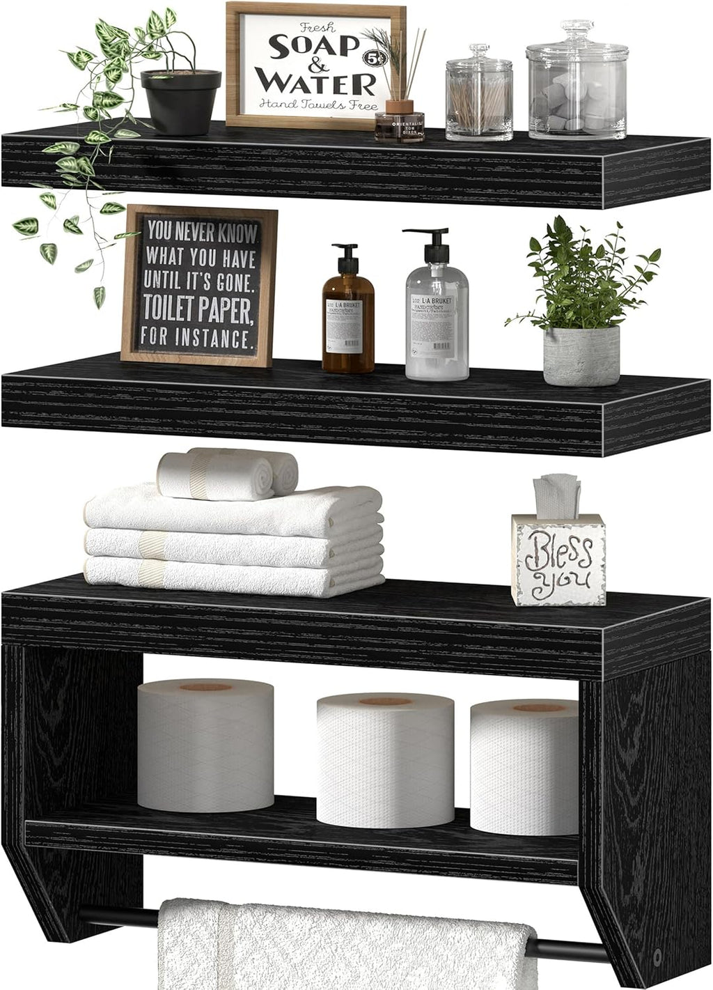 QEEIG Bathroom Wall Shelf Floating Shelves (Black, Set of 3,15.7")
