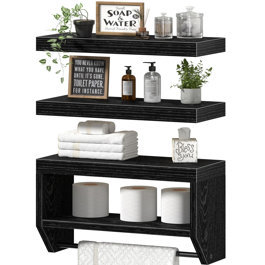 QEEIG Bathroom Wall Shelf Floating Shelves (Black, Set of 3,15.7")