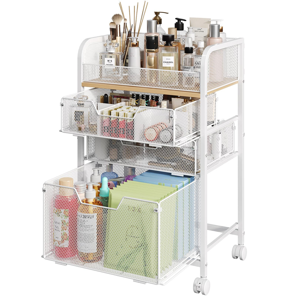 Hongtamoya Makeup Cart Organizer with 4 Drawers, Rolling Makeup Cart, White