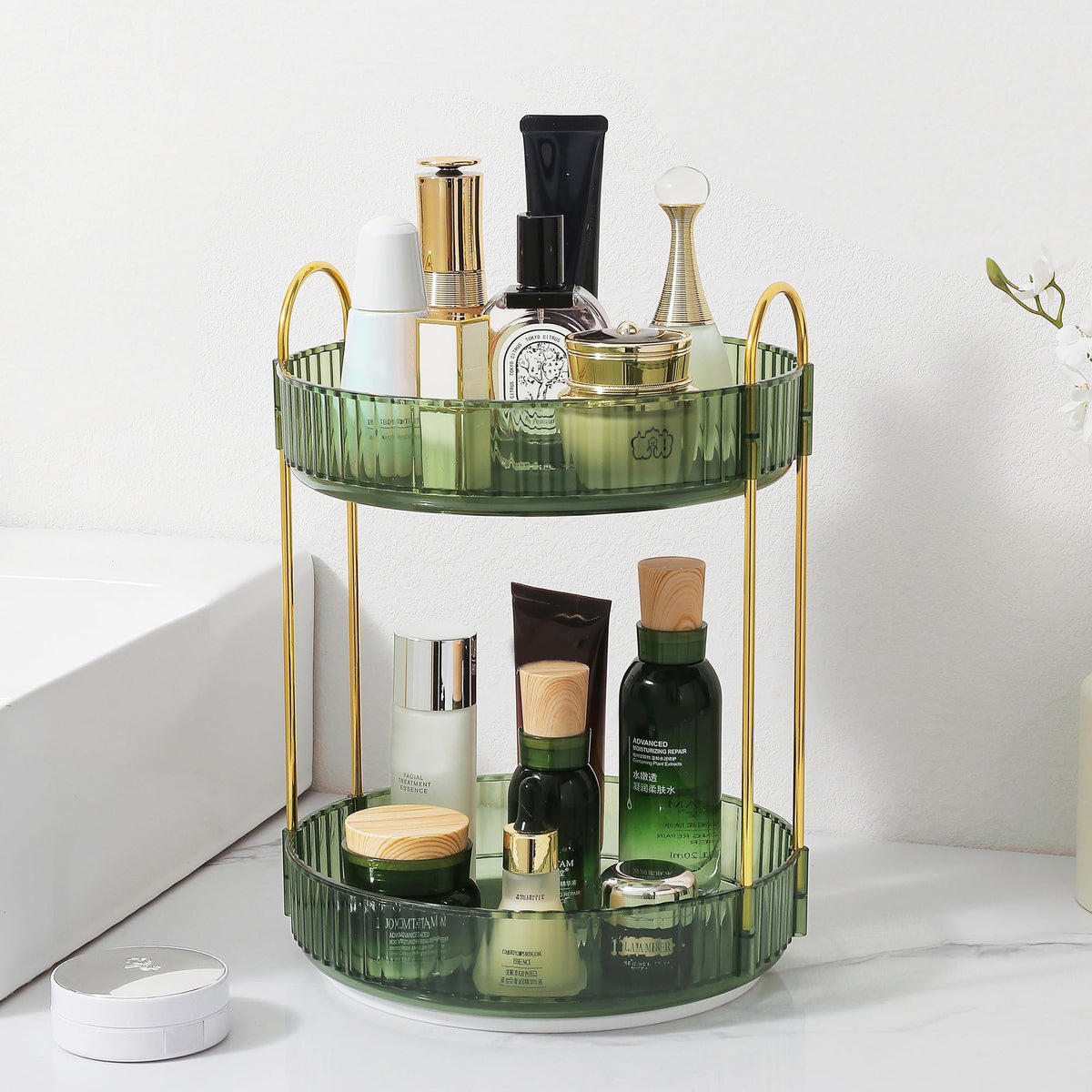 Aveniee 3-Tier 360° Rotating Makeup Organizer, Clear Spinning Perfume Cosmetic Storage for Vanity Countertop, Sturdy Metal Pole Skincare Holder Stand for Bathroom Dresser, White