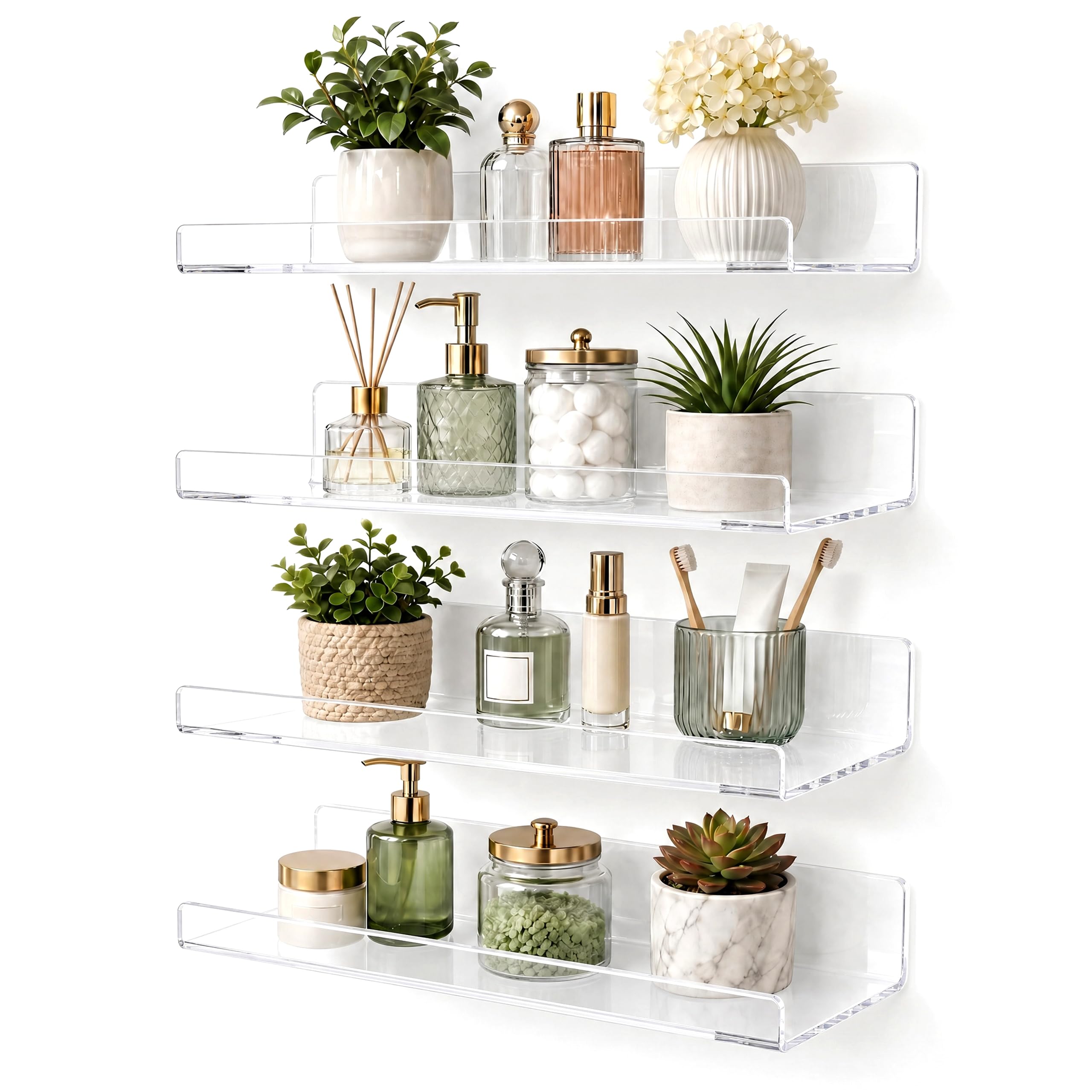 White Acrylic Bathroom Shelf Wall Mounted Floating Organizer with Front Lip