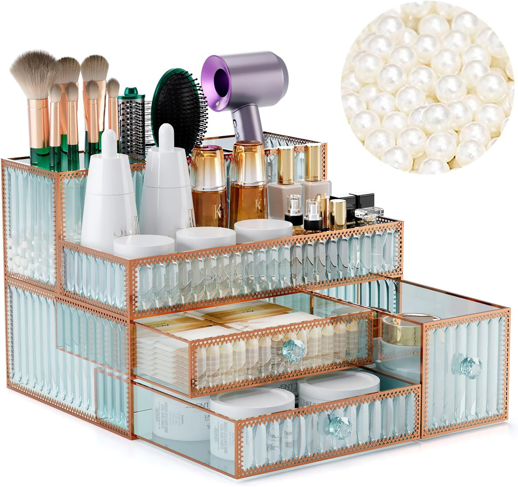 Youdepot Makeup Organizer Countertop - Tempered Glass Vanity Organizer for Cosmetics, Skincare, Hair Tools, Brushes, Perfume - Multipurpose Bathroom Counter Skincare Organizer