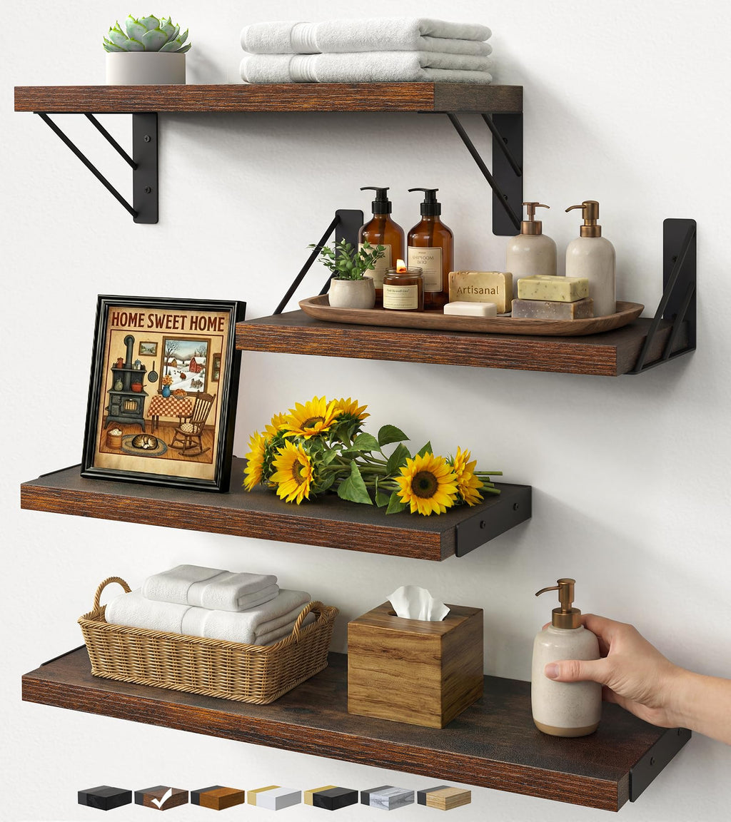 Bayka Wall Shelves for Bedroom Decor, Floating Wall Shelves for Living Room Kitchen Storage, Wall Mounted Rustic Wood Shelves for Kids Books, Small Shelf for Bathroom(Rustic Brown，Set of 3)