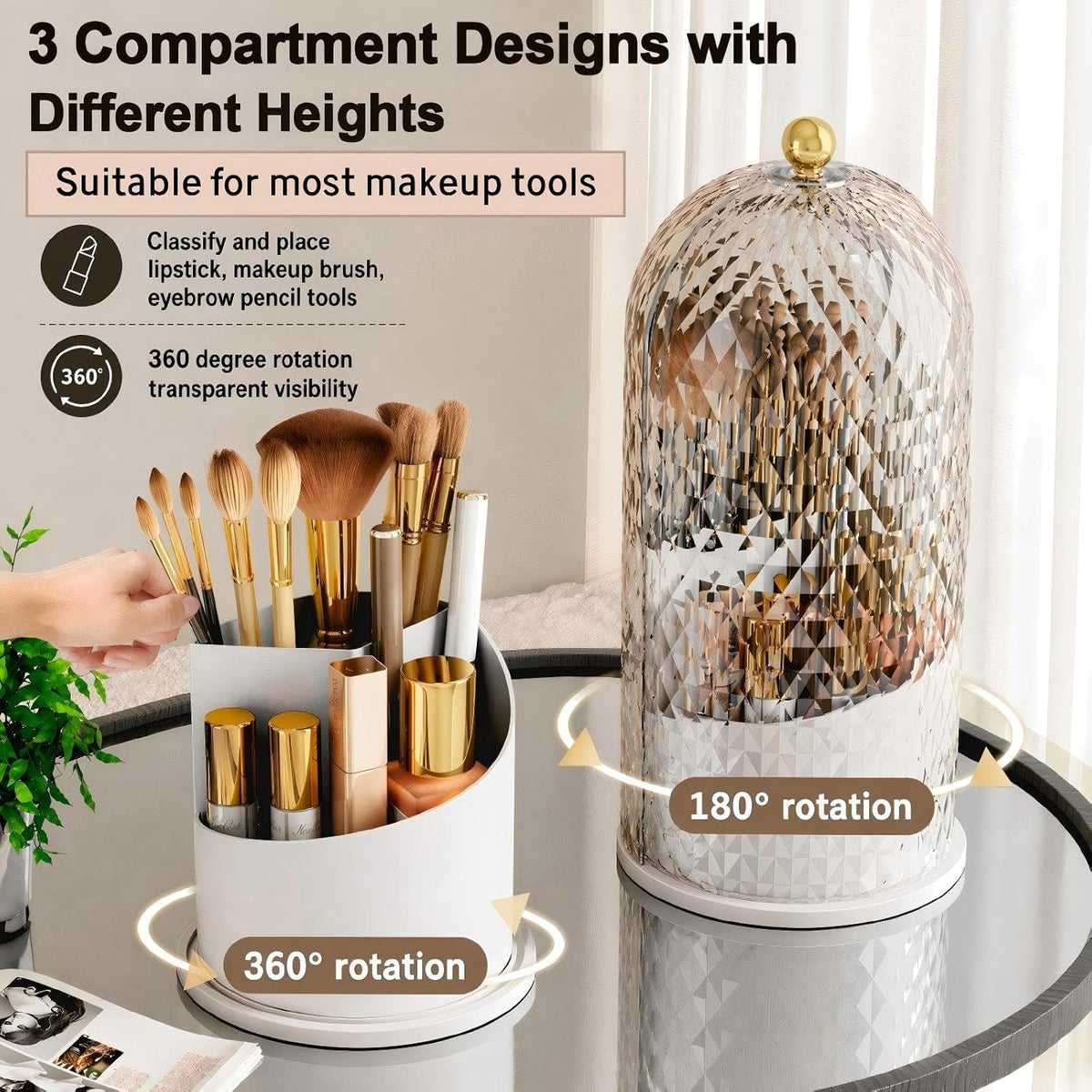 Makeup Brush Holder with Lid,360 Rotating Makeup Organizer