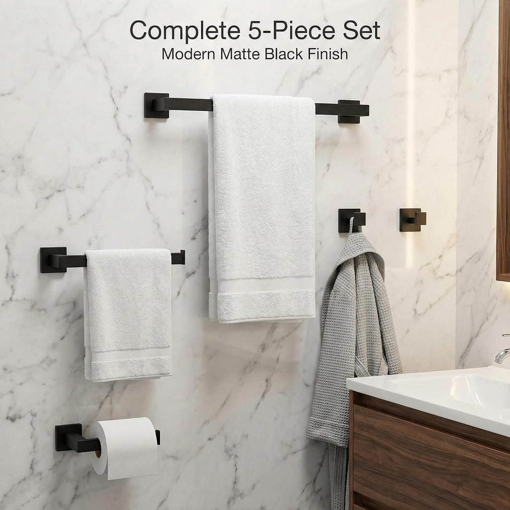 5-Piece Bathroom Hardware Set, 16 in Towel Bar, Matte Black