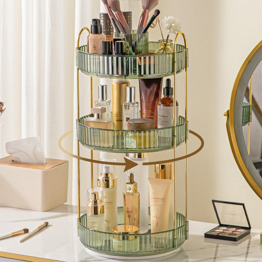Aveniee 3-Tier 360° Rotating Makeup Organizer, Clear Spinning Perfume Cosmetic Storage for Vanity Countertop, Sturdy Metal Pole Skincare Holder Stand for Bathroom Dresser, White