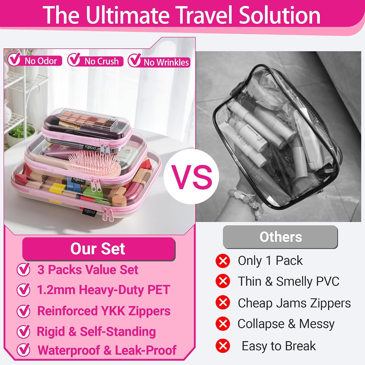 YQBRAO 3-Piece Clear Hard Shell Zipper Case Set, 1L 1M 1S, Pink