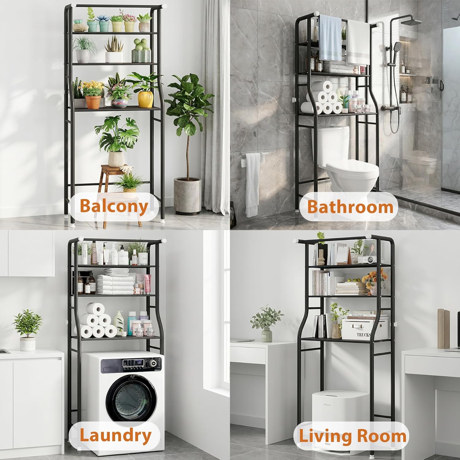UDEAR 3-Tier Over The Toilet Rack,with Hanging Rod,Tower Shelf,Black