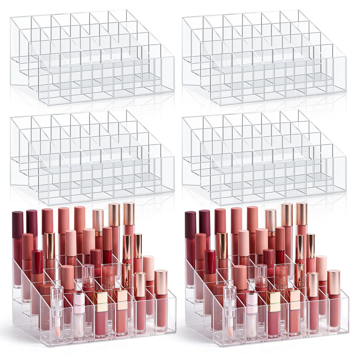 Macarrie 4 Pieces Lipstick Holder Organizer 24 Slot Acrylic Lipstick Makeup Case Display Stand Storage Box for Rollerball Perfume Organizer Watercolor Paint Sticks