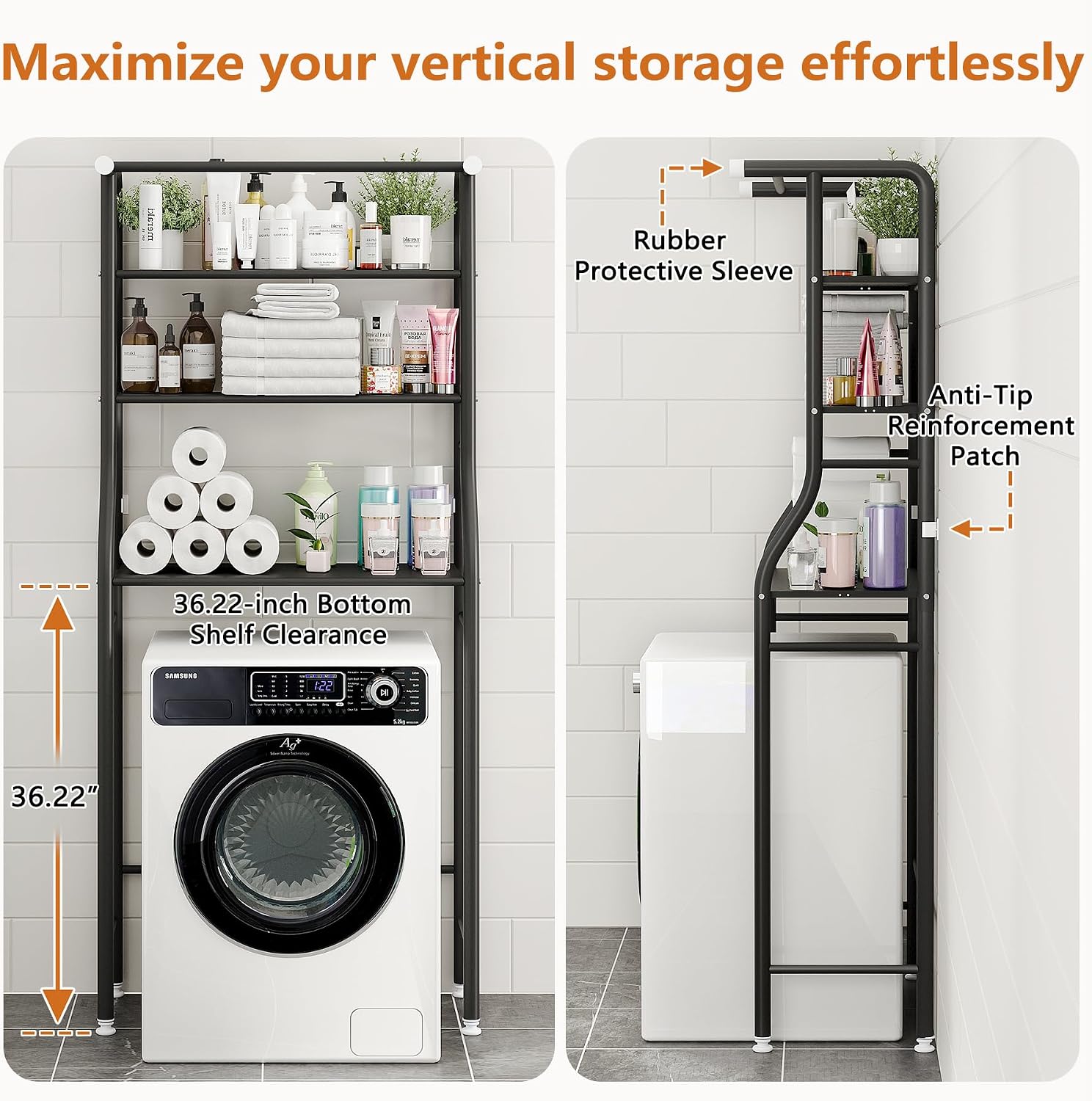 UDEAR 3-Tier Over The Toilet Rack,with Hanging Rod,Tower Shelf,Black
