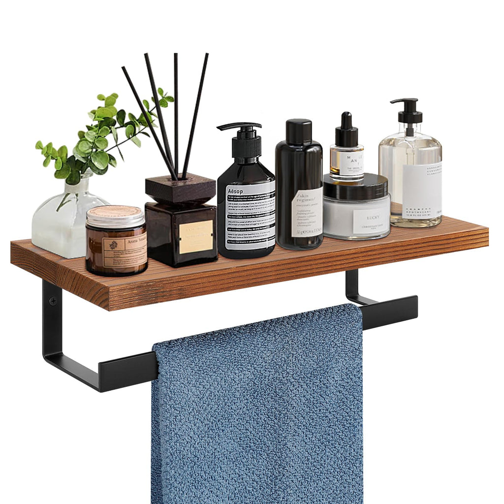 Hand Towel Holder/Towel Ring with Wooden Shelf, Hand Towel Rack, Hand Towel Hanger for Bathroom, Bath Accessories Wall Mounted, (Matte Black, 9"-Squ Shaped)