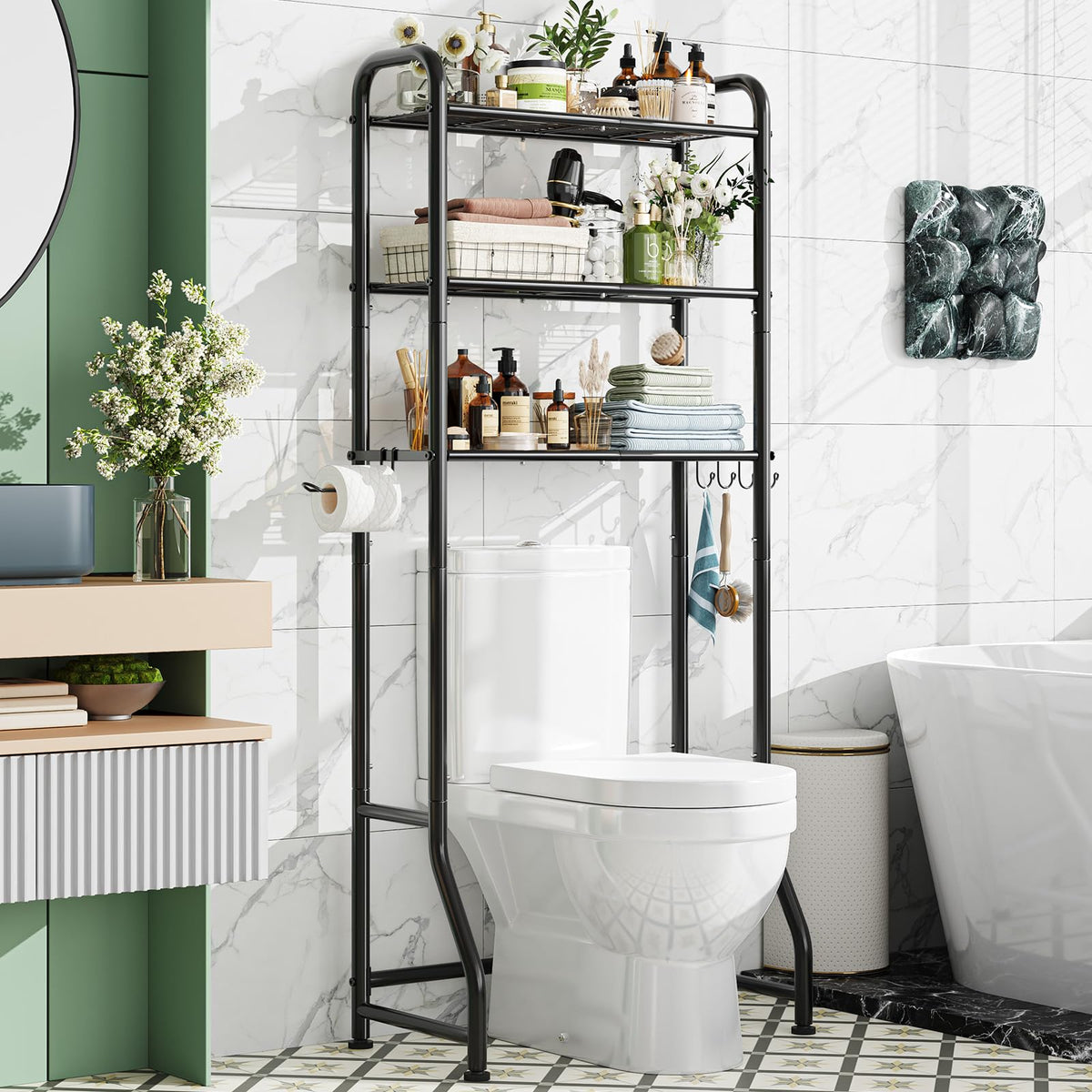 Simple Trending 3 Tier Over The Toilet Rack, Shelf Bathroom, Bathroom Stand Organizer Space Saver, Silver