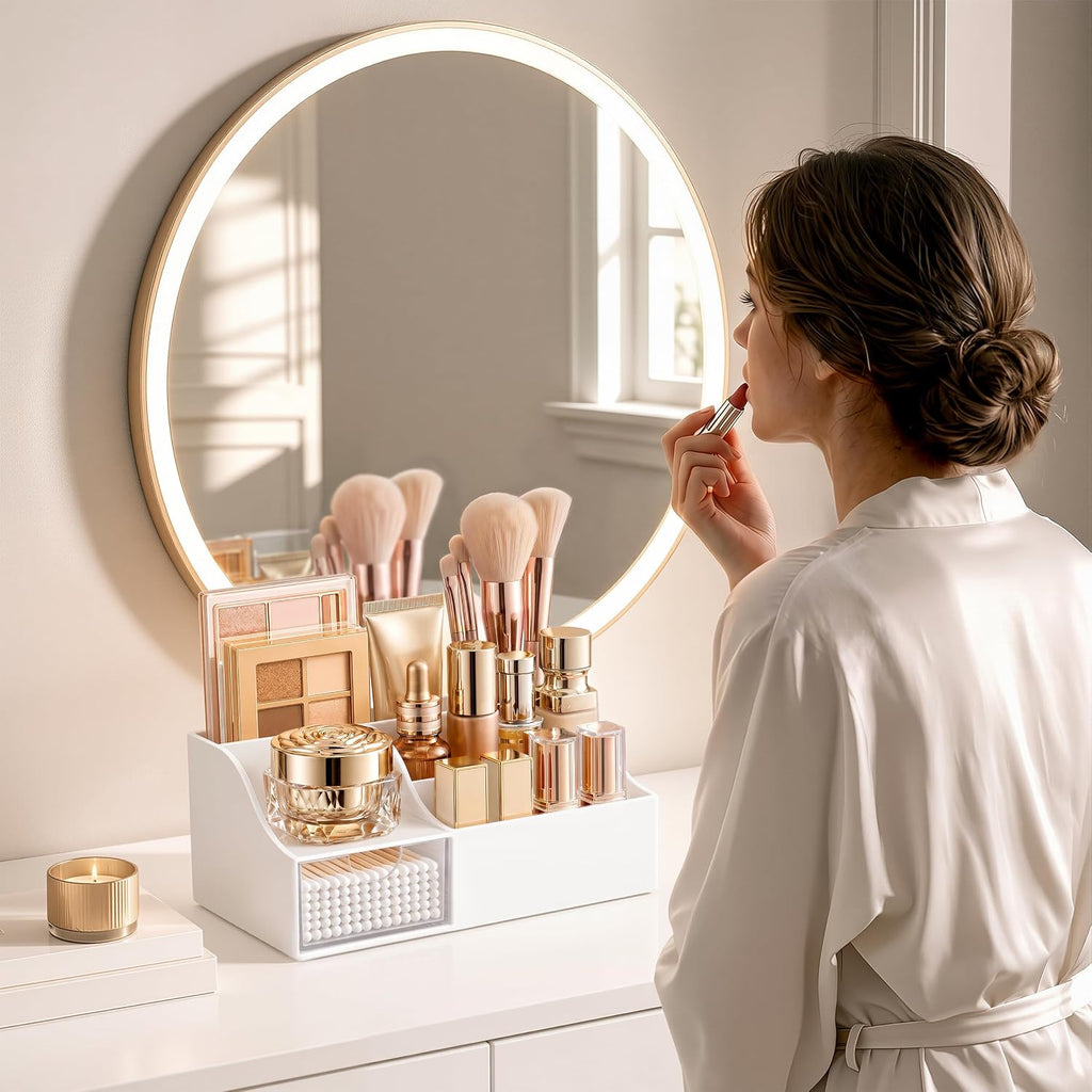 HBlife Makeup Organizer with Drawer – Cosmetic Storage for Vanity, Bathroom Countertop & Dresser, Skincare Organizer with Brush Holder, Beauty Display Case (White)