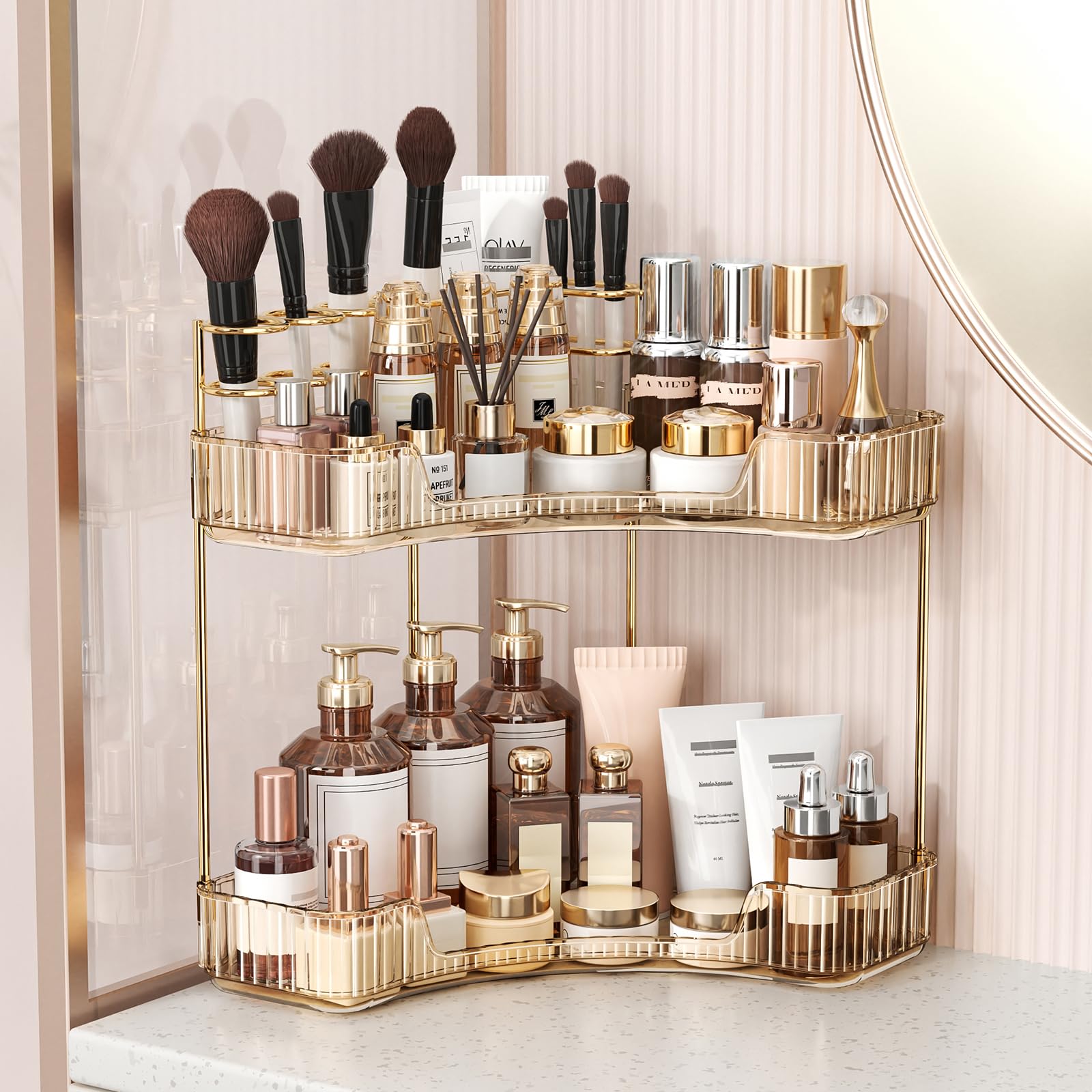 BEFSOP Corner Bathroom Counter Organizer, Upgraded 3-Tier Makeup Organizer Countertop with Makeup Brush Holder, Skincare Exquisite Vanity Organizers Countertop Bathroom Storage Dresser(CLEAR)