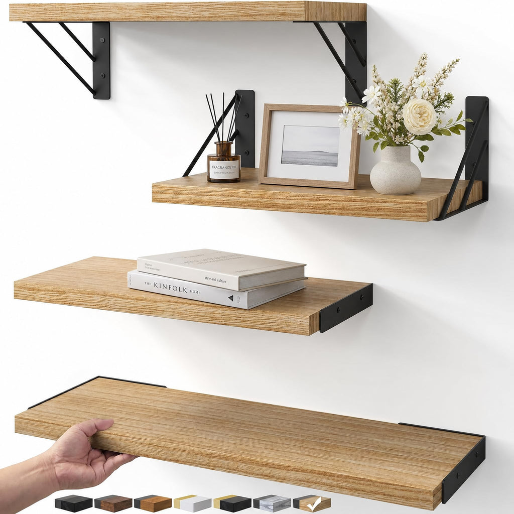 Bayka Wall Shelves for Bedroom Decor, Floating Wall Shelves for Living Room Kitchen Storage, Wall Mounted Rustic Wood Shelves for Kids Books, Small Shelf for Bathroom(Rustic Brown，Set of 3)