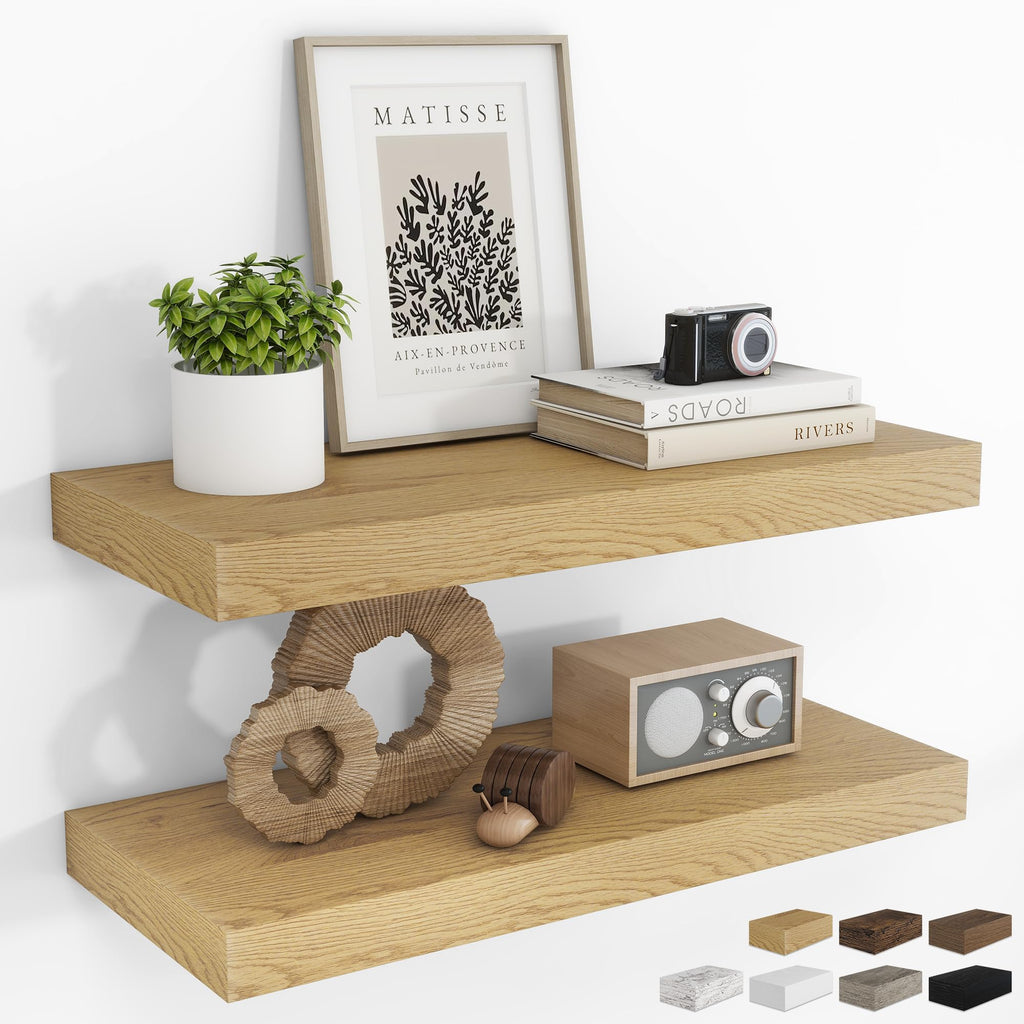 RICHFOCUS 28Inch Floating Shelves for Wall 2 Pack Shelves for Bedroom|Kitchen|Bathroom|Laundry Room Rustic Wood Wall Mounted Shelf with Invisible Brackets for Books|Storage|Decor, Oak