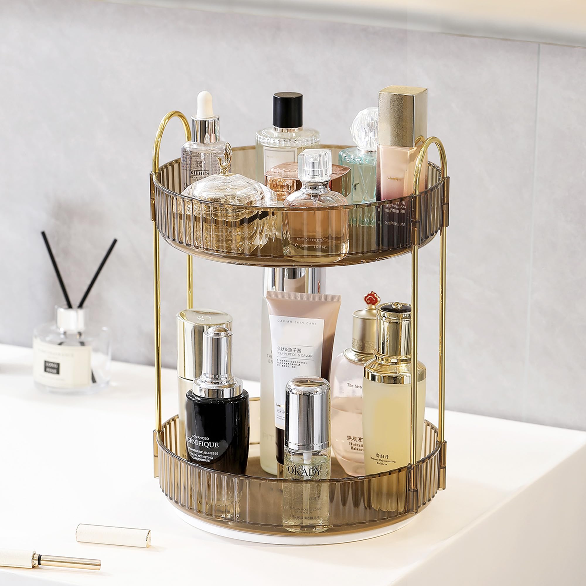 Aveniee 3-Tier 360° Rotating Makeup Organizer, Clear Spinning Perfume Cosmetic Storage for Vanity Countertop, Sturdy Metal Pole Skincare Holder Stand for Bathroom Dresser, White
