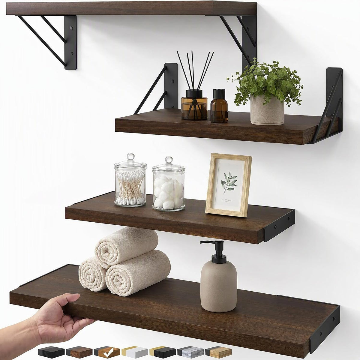 BAYKA Floating Shelves for Wall, Book Shelf for Bedroom, Decor Shelves for Living Room Kitchen, Mounted Wood Floating Shelf for Home Decor, Corner Shelf for Bathroom, Office(Dark Brown,Set of 4)